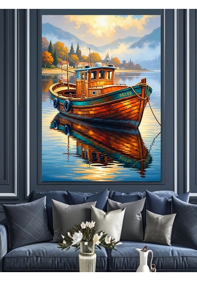 Ahşap Tablo Göl Kenarında Eski Tekne Yiyecek Ve İçecek Tabloları