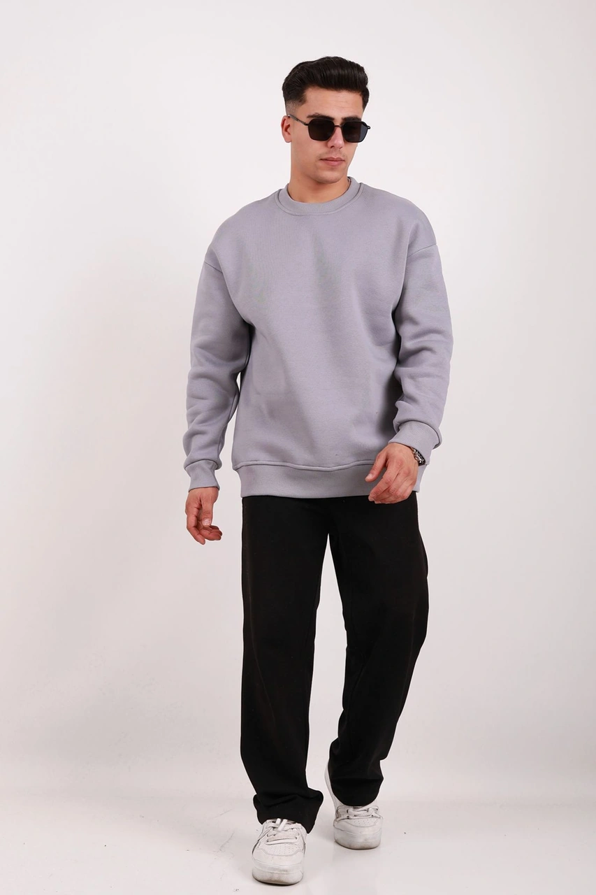 Erkek Standart Fit Bol Kesim %100 Pamuklu Içi Şardonlu 3 Iplik Bisiklet Yaka Sweatshirt Gri