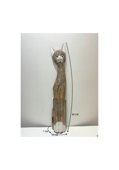 Ahşap Dekoratif Kedi 80 Cm K.kahve Otantik El Yapımı Biblo