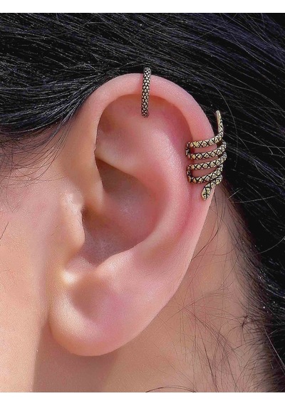 Vintage Antik 2'li Deliksiz Ear Cuff Ayarlanabilir Yılan Model Kıkırdak Küpe Seti Eukk9 Sarı