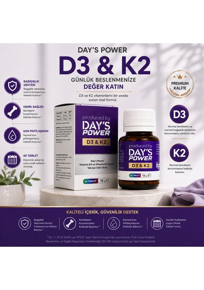 Day's Power D3 & K2 Vitamin Kompleksi 60 Tablet Bağışıklık Ve Kemik Desteği