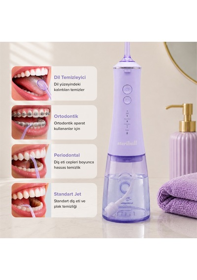 Steriball Oral Irrigator Ağız Duşu Lila - 4 Temizlik Modu 360 Dönebilen Başlık 0,60 Mm İnce Su Akışı Yüksek Frekanslı Su Darbesi