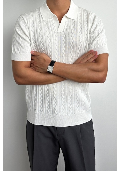 Erkek Fitilli Polo Yaka Triko T-shirt Beyaz