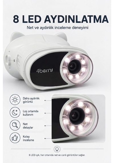 4berry Taşınabilir Fotoğraf Çekebilen Dijital Mikroskop 1000x 2.4 Ips Ekran, 2 Mp Kamera, 8 Led Işık, Type-c Şarjlı Beyaz