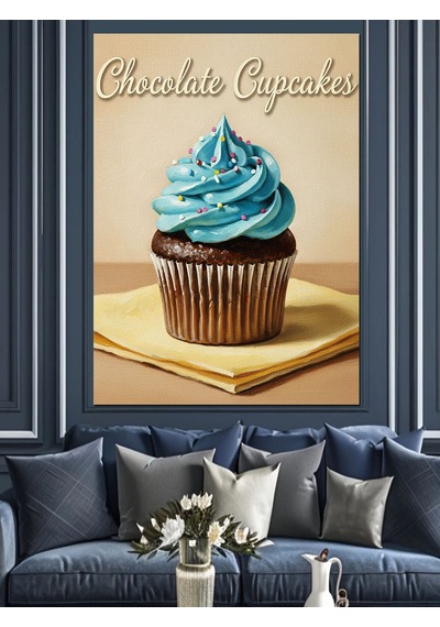 Ahşap Tablo Mavi Kremalı Cupcake Lezzetli Yiyecek Ve İçecek Tabloları