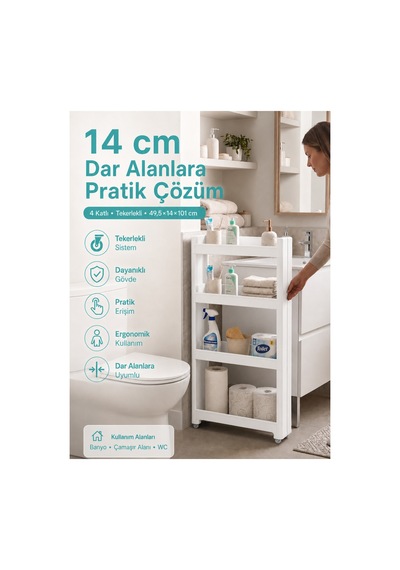 4'lü Slim Dar Alan Organizer Raf, Tekerlekli Çok Amaçlı Mutfak Ve Banyo Düzenleyici Beyaz Diğer