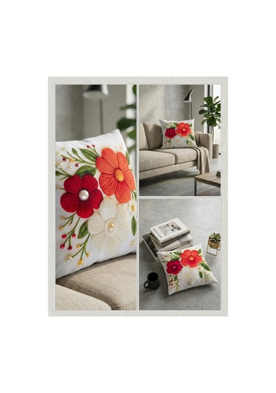 Punch Nakış Desen Dijital Baskılı Kırmızı Çiçekli Kırlent Kılıfı Çok Renkli - 932207185 Çok Renkli