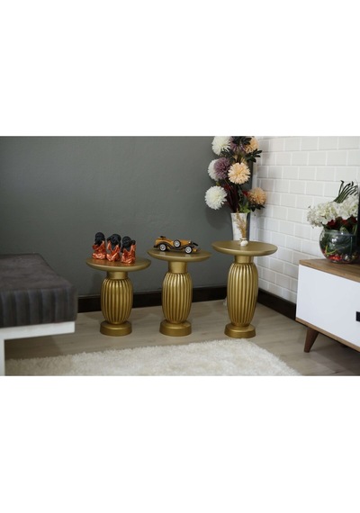 Wood Ahşap 3 Lü Set Mantar Yan Sehpa Konik Model / Altın Varak Renk / Zigon Sehpa Kahverengi