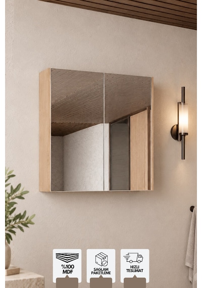 Milano 60 Cm, Banyo Dolabı, Üst Modül, Aynalı Dolap, Atlantis Meşe Beyaz - Sonomo