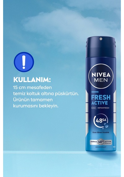Men Erkek Sprey Deodorant Fresh Active 150ml, Ter Kokusuna Karşı 48 Saat Koruma, Aluminyum İçermez