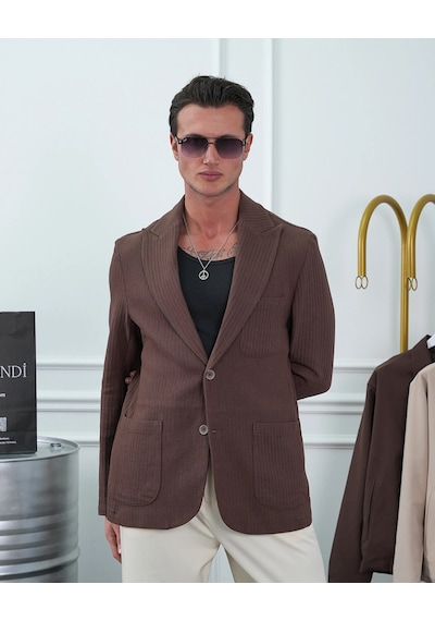 Modefendi %100 Pamuk Keten Modern Fit Keten Ceket Kahverengi