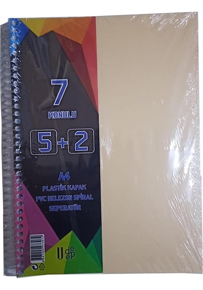 5+2 Ayraçlı Defter 7 Konulu 175 Yaprak 1 Adet 5 Kareli 2 Çizgili Spralli Plastik Kapak Seperatörlü Krem