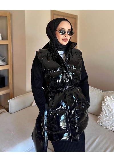 Hb Harma Time Butik Kadın Fermuarlı Cepli Siyah Parlak Şişme Yelek