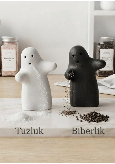 Hayalet Tasarımlı Tuzluk & Biberlik Seti Siyah - Beyaz