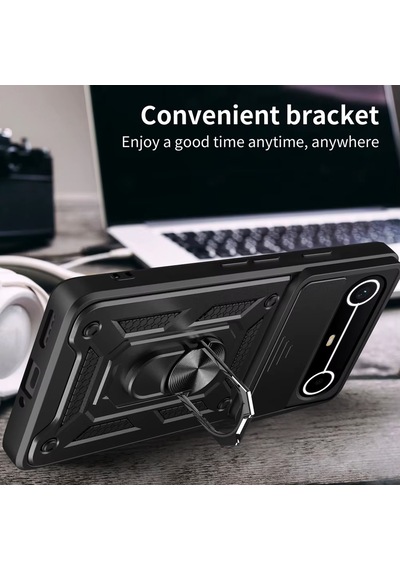 Caseonn Tecno Spark Slim 5g Kılıf Sürgülü Kamera Korumalı Yüzüklü Mıknatıslı Tank Kapak Siyah