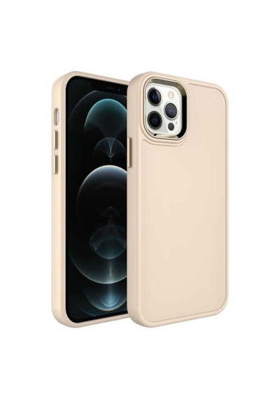 Apple Uyumlu iPhone 12 Pro Kılıf Metal Çerçeve Ve Buton Tasarımlı Sert Zore Botox Kapak Krem