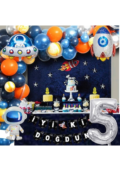 Uzay Temalı Doğum Günü Seti 5 Yaş ; 4 Adet Folyo Balon, 60 Adet Lateks Balon, Banner, Balon Zinciri ve Balon Bandı