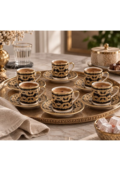 6 Kişilik Siyah Gold Türk Kahvesi Fincan Takımı 12 Parça Lüks Desenli Set Siyah - Gold