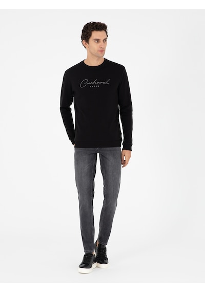 Siyah Regular Fit Bisiklet Yaka Pamuklu Sweatshirt