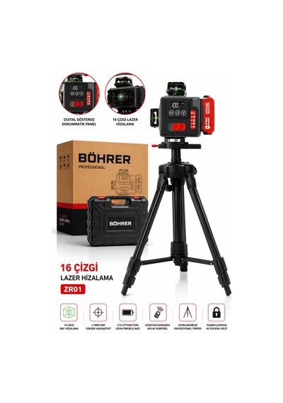 Böhrer Ba011439 2 Akülü Yeni Model 16 Satır 360 Derece 4 Köşe Profesyonel Yeşil Lazer Hizalama Makin