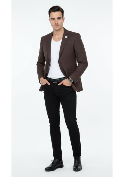 Plus Scorpion Erkek Mono Yaka Tek Düğmeli Çift Yırtmaçlı Blazer Ceket Premium Dokuma Kumaş, 8 Renk Kahverengi