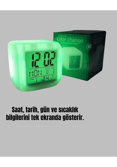 Küp Alarm Saati, 7 Renk Değişen, Termometre Ve Takvim Özellikli Çok Renkli