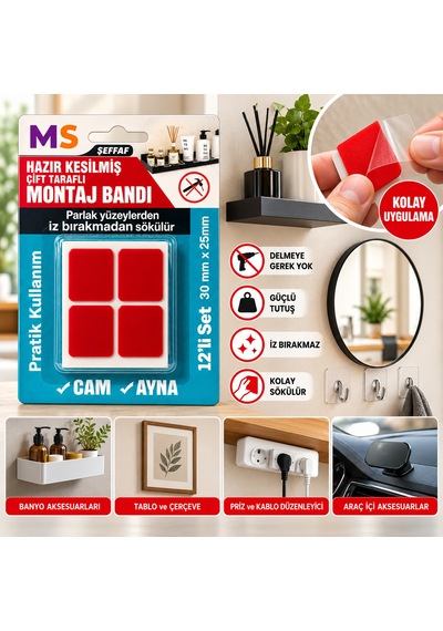 3 Adet Ultra Güçlü Hazır Kesilmiş Çift Taraflı Montaj Bandı 12'li Şeffaf Bantı 30 Mm X 25 Mm Bantları