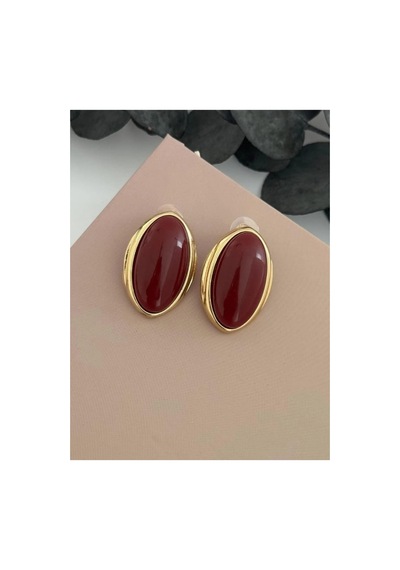 Lunarie Büyük Oval Vintage Küpe Vıp Gold Çerçeveli Mürdüm Bordo