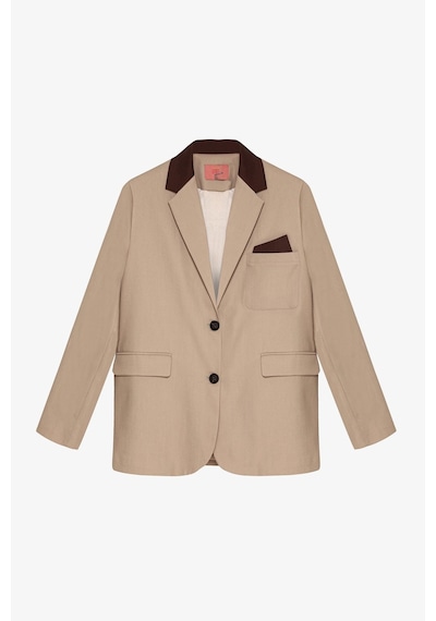 Quzu 00823 Kontrast Yaka Mendil Garnili Oversize Kadın Blazer Ceket Bej