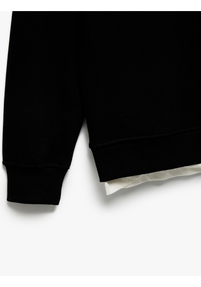 Koton Uzun Kollu Şardonlu Kumaş Detaylı Bisiklet Yaka Sweatshirt Siyah 6wam70070mk Siyah