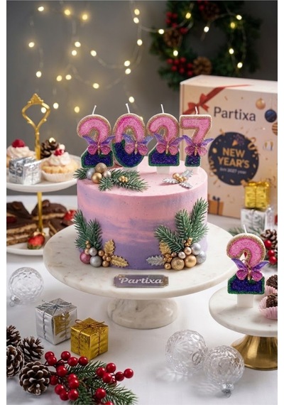 2027 Yılbaşı Özel Kelebek Detaylı Pembe-mor Rakam Pasta Mumu Seti Saremset