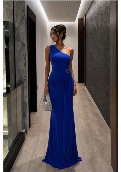 DefyModa Kadın Modern Stil Tek Omuz Kemerli Maxi Abiye Elbise Saks