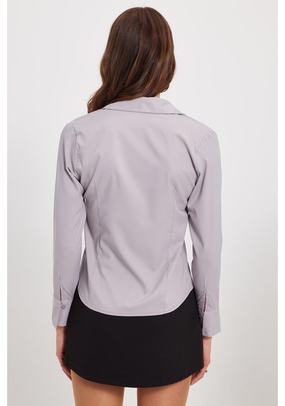 Tudors Kadın Slim Fit Dar Kesim Klasik Yaka Uzun Kollu Gri Gömlek-40354 Gri