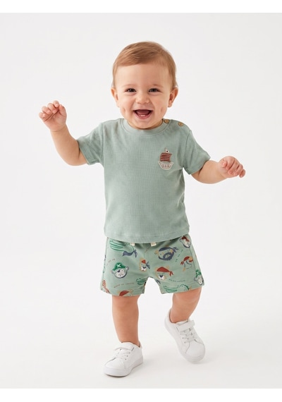 Aydınlar Bebe Pamuk Yelken Nakış Detaylı Waffle Kumaş Şortlu Erkek Bebek 2li Takım Yeşil Yesil