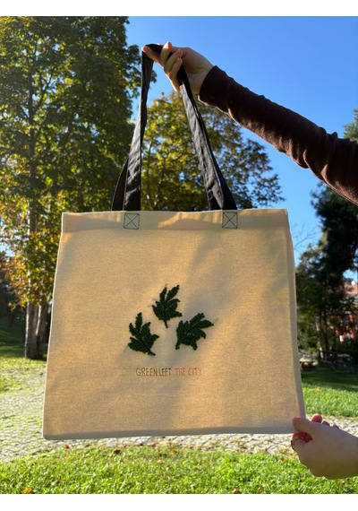Bolergıashop Green Tasarım Canvas Omuz Çantası Bej - Yeşil Punch İşleme