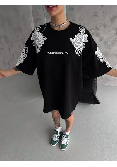 Dogutrend Unisex Flok Kabartma Baskılı T-shirt - Siyah