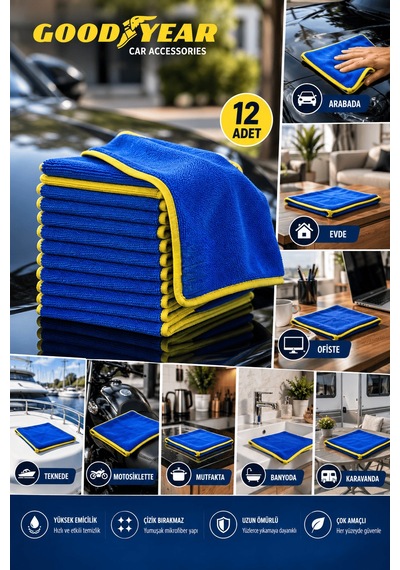 Goodyear Goodyear 12 Adet Mikrofiber Temizlik Bezi Çok Amaçlı Yüksek Emici Çizik Bırakmayan Bez