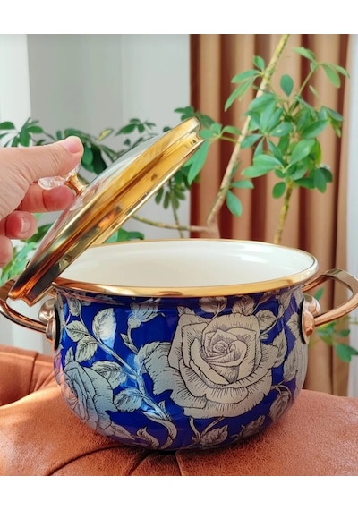 Lüx Vintage 18 Cm 2 Litre Küçük Boy Lacivert Gül Emaye Süt Yoğurt Yemek Tencere Gold - Lacivert