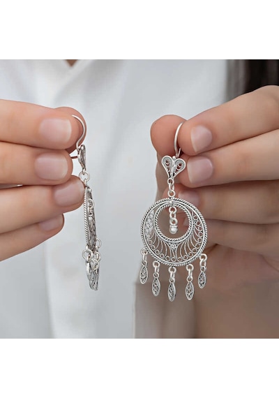 Gümüş Çember Telkari Sallantılı Kadın Küpe 14 MM-Gümüş