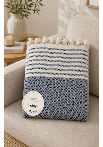 180x230 Cm Pamuklu Hasır Dokuma Koltuk Örtüsü Kaymaz Şal Örtü Çekyat Kanepe Koruyucu Premium Seri Indigo
