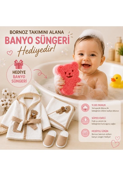 Bebek Bornoz Seti %100 Pamuk 0-1 Yaş Kapüşonlu Yenidogan Ayıcık Nakişli Bornoz Havlu Terlik Kese + 4 Renkli Banyo Süngeri li Beyaz