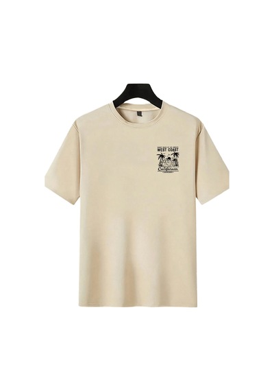 Genius Store Erkek Tişört Pamuklu Kumaş Sırt Baskılı Tişört Sokak Modası Rahat Kalıp T-shirt West-bej