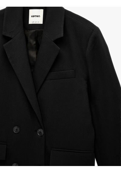 Koton Uzun Kollu Cepli Viskon Karışımlı Düğmeli Oversize Kruvaze Yaka Blazer Ceket Siyah