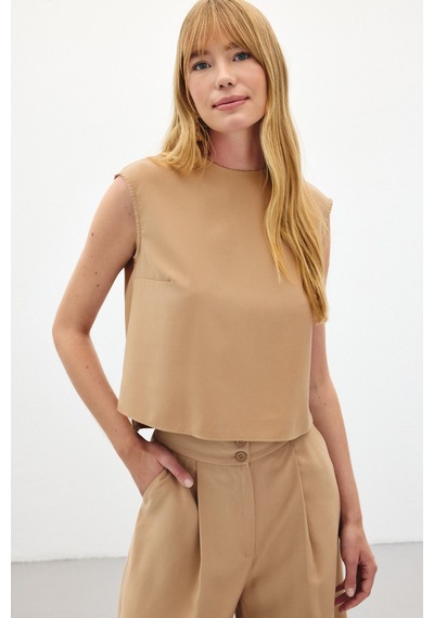 Sateen Kolsuz Salaş Bluz - Camel-136434 CAMEL