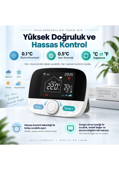 Wifi Akıllı Oda Termostatı, Tuya Ve Smart Life Uyumlu, Kablosuz T9w