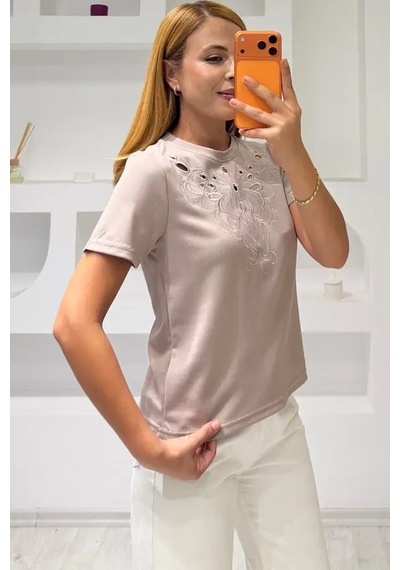 Fiolin Soft Touch Modal Kumaş Nakışlı Lazer Kesim T-shirt Bej