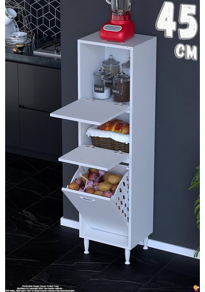 Nore 45 Cm İki Kapaklı Tek Sepetli Çok Amaçlı Kiler Dolabı Mutfak Banyo Düzenleyici 45x150x32 Cm Beyaz