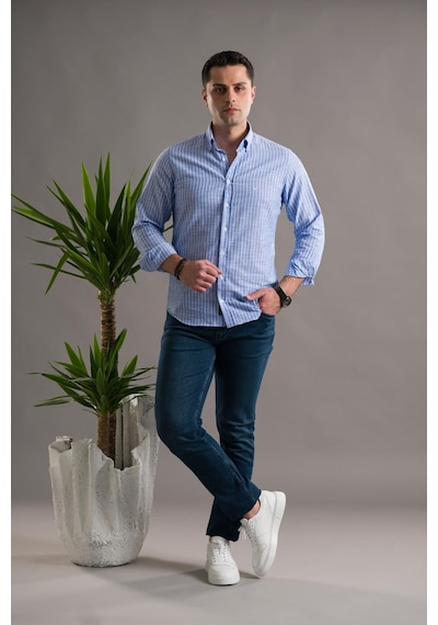 Dorss Slimfit Pamuklu Çizgili Yaka Düğmeli Uzun Kol Erkek Gömlek Mavi