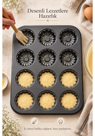 Tilbe Home 12'li Gül Kabartma Muffin Kalıbı Yapışmaz Cupcake Kek Kapsül Brownie Fırın Tepsisi Paslan Siyah