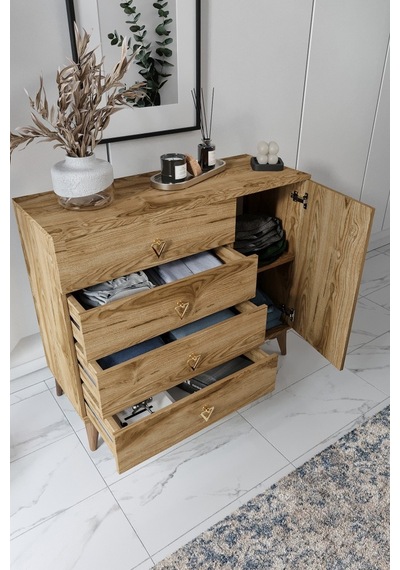 Simple 4 Çekmeceli 1 Kapaklı Modern Şifonyer Ceviz Ceviz